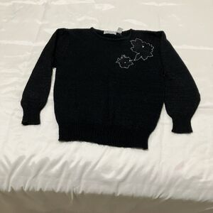 Vintage 80s 90s Black Sweater Embroidered Beaded Floral Sz L Whimsygoth Korea